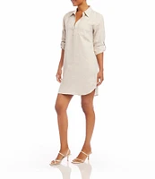 Karen Kane Petite Size Collared V-Neck 3/4 Roll-Tab Sleeve Linen Shirtdress