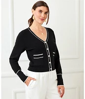 Karen Kane Petite Size Contrast Trim V-Neck Long Sleeve Button-Front Cardigan Sweater