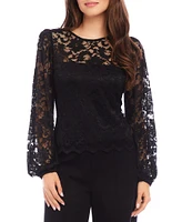 Karen Kane Petite Size Crew Neck Blouson Sleeve Scallop Hem Lace Top