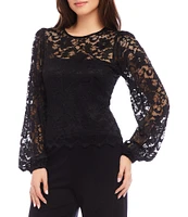 Karen Kane Petite Size Crew Neck Blouson Sleeve Scallop Hem Lace Top