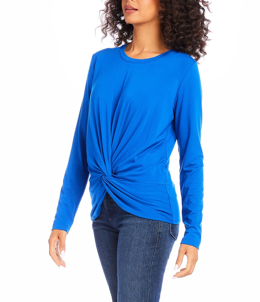 Karen Kane Petite Size Crew Neck Long Sleeve Fitted Twist Front Detail Top