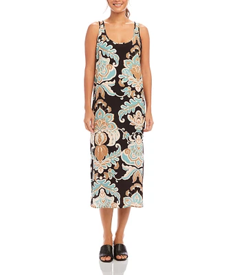 Karen Kane Petite Size Damask Flower Print Scoop Neck Sleeveless Midi Tank Dress
