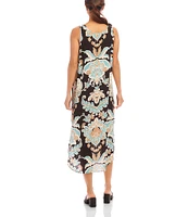Karen Kane Petite Size Damask Flower Print Scoop Neck Sleeveless Midi Tank Dress