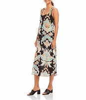 Karen Kane Petite Size Damask Flower Print Scoop Neck Sleeveless Midi Tank Dress