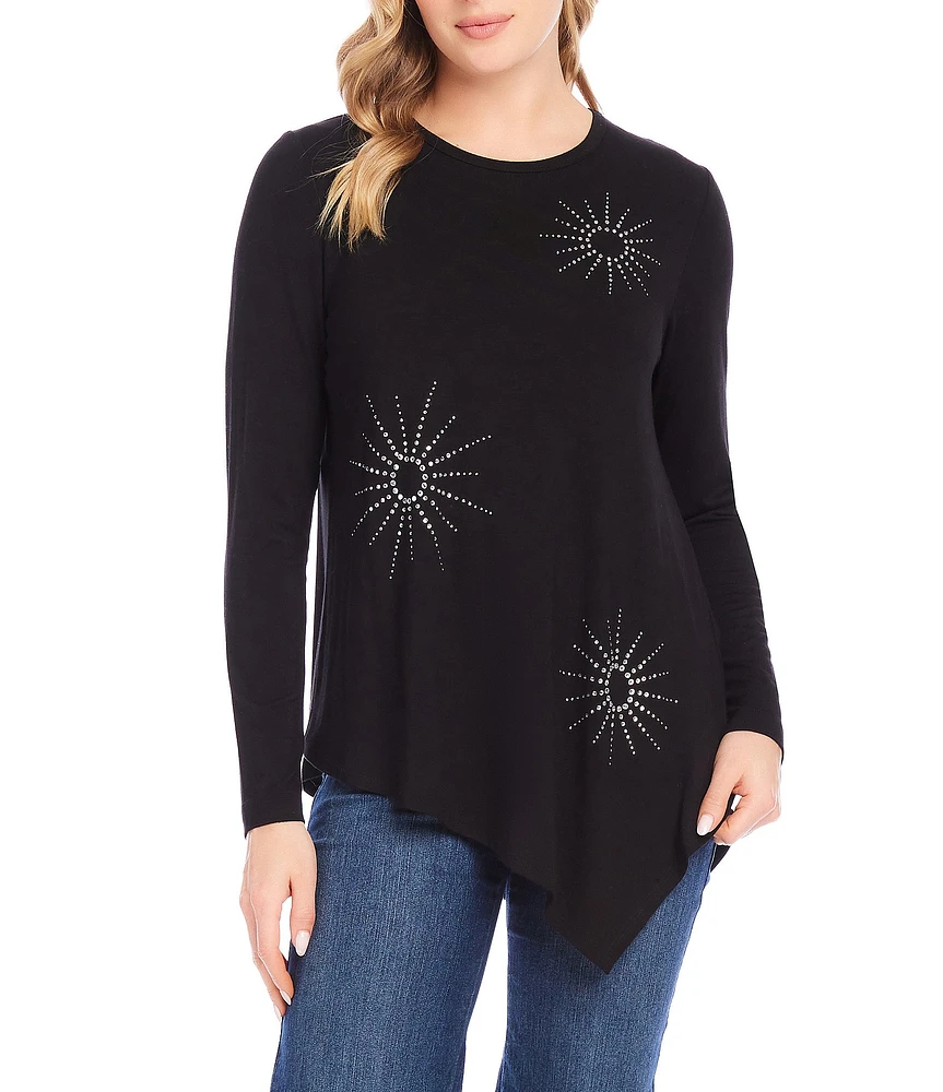 Karen Kane Petite Size Embellished Crew Neck Long Sleeve Asymmetric Hem Top