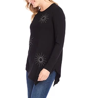 Karen Kane Petite Size Embellished Crew Neck Long Sleeve Asymmetric Hem Top