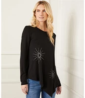 Karen Kane Petite Size Embellished Crew Neck Long Sleeve Asymmetric Hem Top