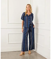 Karen Kane Petite Size Embroidered High Rise Pull-On Wide Leg Cropped Pants