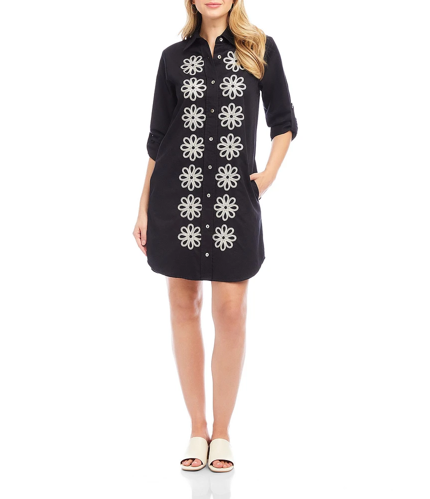 Karen Kane Petite Size Embroidered Point Collar 3/4 Roll-Tab Sleeve Button Front Shirtdress