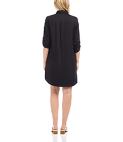 Karen Kane Petite Size Embroidered Point Collar 3/4 Roll-Tab Sleeve Button Front Shirtdress