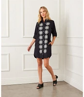 Karen Kane Petite Size Embroidered Point Collar 3/4 Roll-Tab Sleeve Button Front Shirtdress