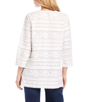 Karen Kane Petite Size Embroidered Pom Pom Tier Trim Details Notch V-Neck 3/4 Sleeve Tunic