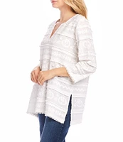 Karen Kane Petite Size Embroidered Pom Pom Tier Trim Details Notch V-Neck 3/4 Sleeve Tunic