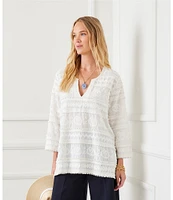 Karen Kane Petite Size Embroidered Pom Pom Tier Trim Details Notch V-Neck 3/4 Sleeve Tunic