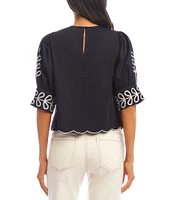 Karen Kane Petite Size Embroidered Round Neck 3/4 Sleeve Scalloped Hem Top