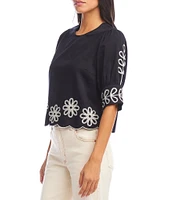 Karen Kane Petite Size Embroidered Round Neck 3/4 Sleeve Scalloped Hem Top