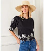 Karen Kane Petite Size Embroidered Round Neck 3/4 Sleeve Scalloped Hem Top