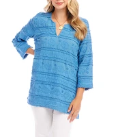 Karen Kane Petite Size Embroidered Split-Neck 3/4 Flare Sleeve Tunic