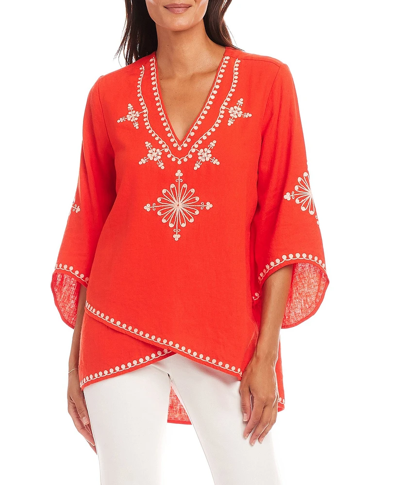 Karen Kane Petite Size Embroidered V-Neck 3/4 Flare Sleeve Asymmetrical Top
