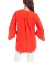 Karen Kane Petite Size Embroidered V-Neck 3/4 Flare Sleeve Asymmetrical Top