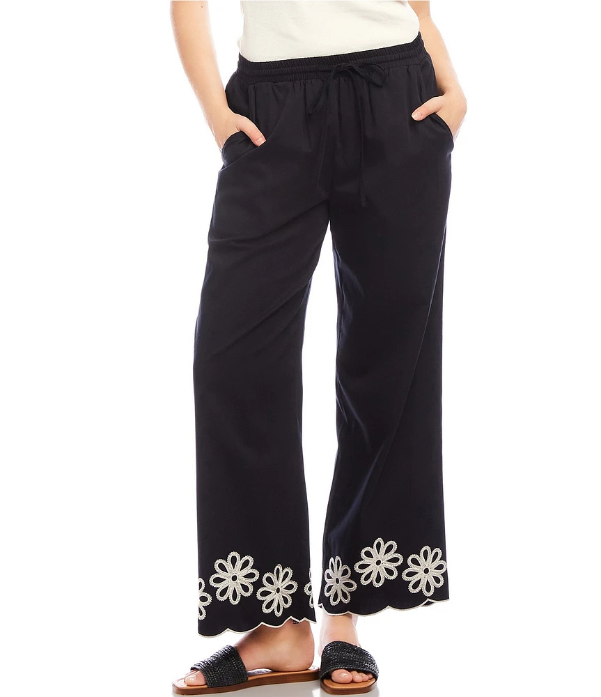 Karen Kane Petite Size Embroidered Wide-Leg Pull-On Ankle Pants