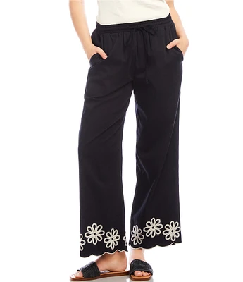 Karen Kane Petite Size Embroidered Wide-Leg Pull-On Ankle Pants