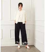 Karen Kane Petite Size Embroidered Wide-Leg Pull-On Ankle Pants
