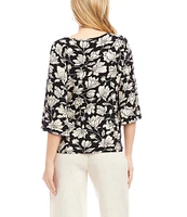 Karen Kane Petite Size Floral Boat Neck 3/4 Flare Sleeve Side Pick-Up Hem Top