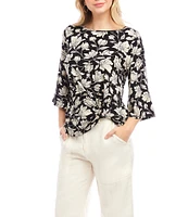 Karen Kane Petite Size Floral Boat Neck 3/4 Flare Sleeve Side Pick-Up Hem Top