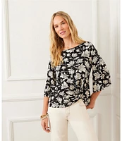 Karen Kane Petite Size Floral Boat Neck 3/4 Flare Sleeve Side Pick-Up Hem Top