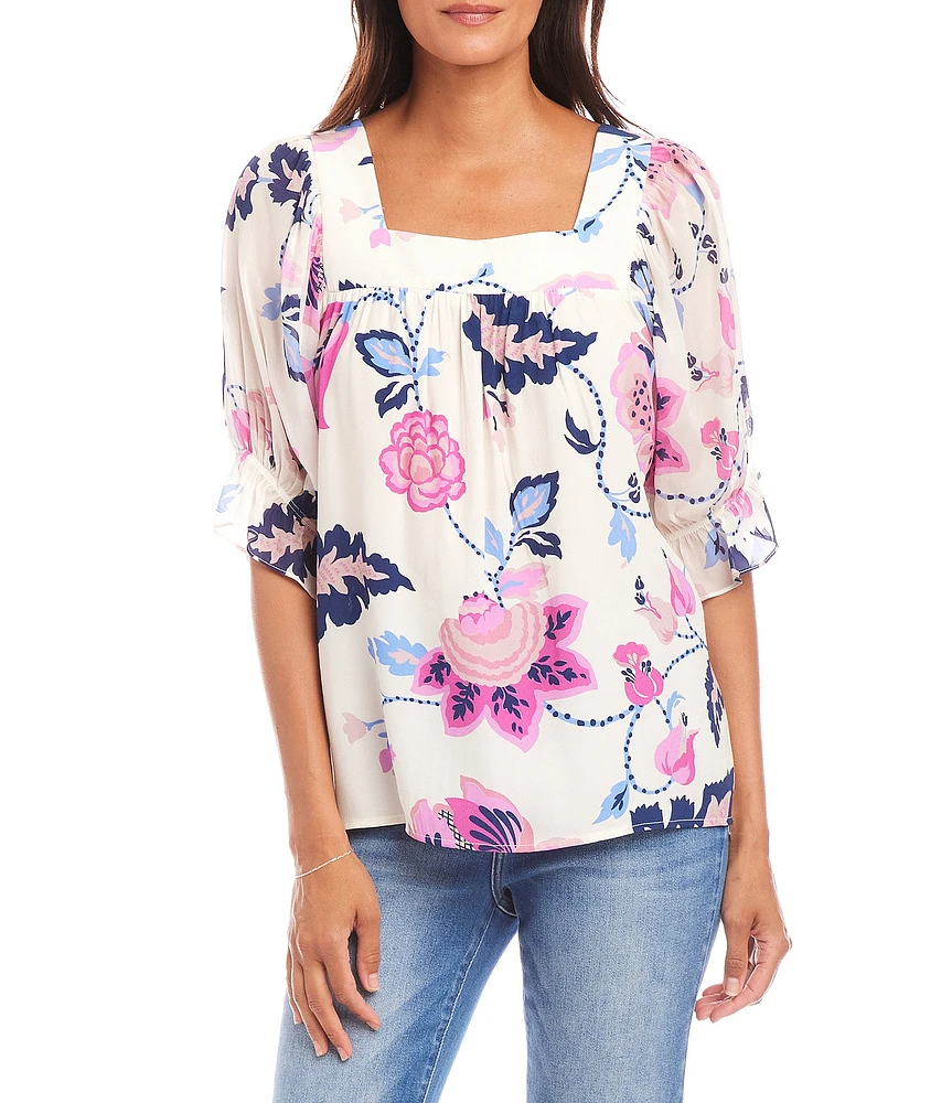 Karen Kane Petite Size Floral Contrast Square Neck Elbow Sleeve Top