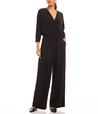 Karen Kane Petite Size Jersey Knit Surplice V-Neck 3/4 Sleeve Pocketed Jumpsuit