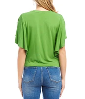 Karen Kane Petite Size Knit Crew Neck Short Flowing Sleeve Front Twist Top