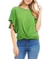 Karen Kane Petite Size Knit Crew Neck Short Flowing Sleeve Front Twist Top