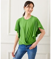 Karen Kane Petite Size Knit Crew Neck Short Flowing Sleeve Front Twist Top