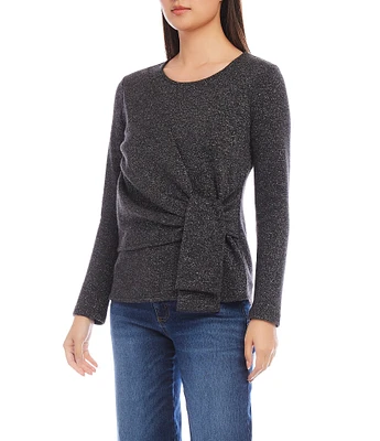 Karen Kane Petite Size Knit Lurex Scoop Neck Long Sleeve Side Tie Top