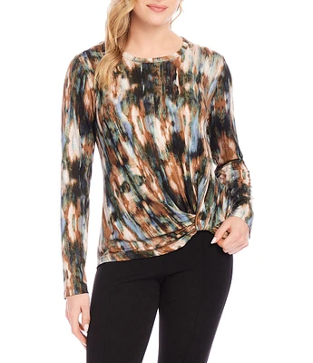 Karen Kane Petite Size Knit Tie-Dye Print Crew Neck Long Sleeve Side Pick Up Top