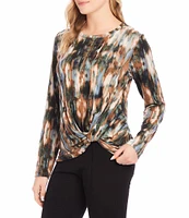 Karen Kane Petite Size Knit Tie-Dye Print Crew Neck Long Sleeve Side Pick Up Top