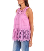 Karen Kane Petite Size Lace Trim Cut-Out Crew Neck Sleeveless Top