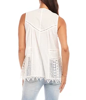 Karen Kane Petite Size Lace Trim Cut-Out Crew Neck Sleeveless Top