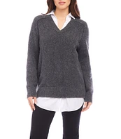 Karen Kane Petite Size Layer Sweater Collared V-Neck Long Sleeve Top