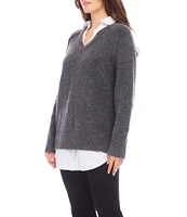 Karen Kane Petite Size Layer Sweater Collared V-Neck Long Sleeve Top