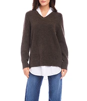 Karen Kane Petite Size Layer Sweater Collared V-Neck Long Sleeve Top