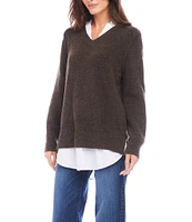 Karen Kane Petite Size Layer Sweater Collared V-Neck Long Sleeve Top