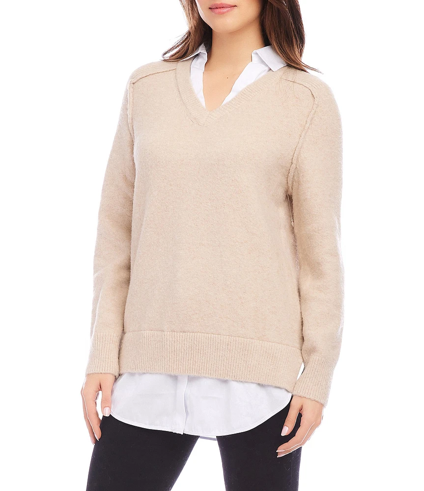 Karen Kane Petite Size Layer Sweater Collared V-Neck Long Sleeve Top