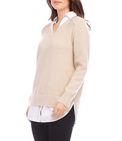 Karen Kane Petite Size Layer Sweater Collared V-Neck Long Sleeve Top