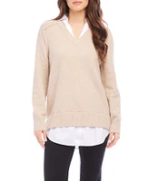 Karen Kane Petite Size Layer Sweater Collared V-Neck Long Sleeve Top