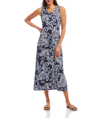 Karen Kane Petite Size Paisley Scoop Neck Sleeveless Midi Dress