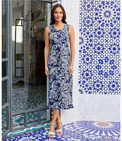 Karen Kane Petite Size Paisley Scoop Neck Sleeveless Midi Dress