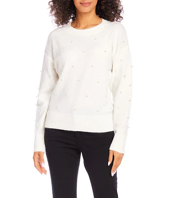 Karen Kane Petite Size Pearl Embellished Crewneck Long Sleeve Stretch Sweater